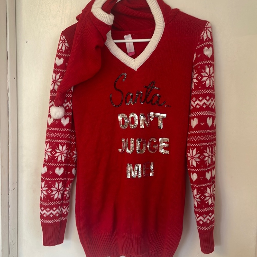 Ugly Christmas sweater with attached Santa hat size large